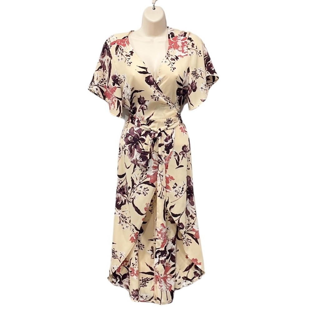 Leith Midi Wrap Dress Women’s Floral High Low Lightweight Sz M Pink
